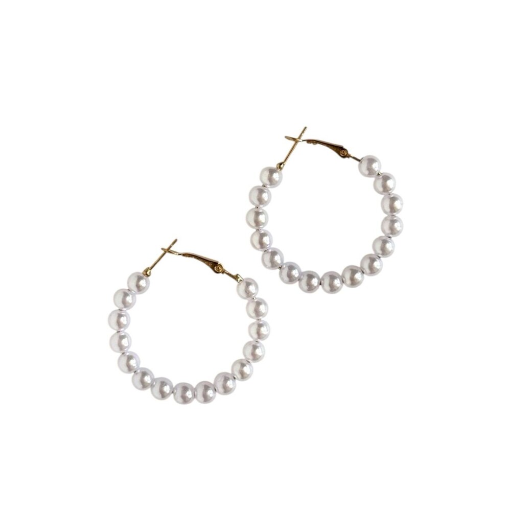 Coastal Gold Faux Pearl Hoop Earrings